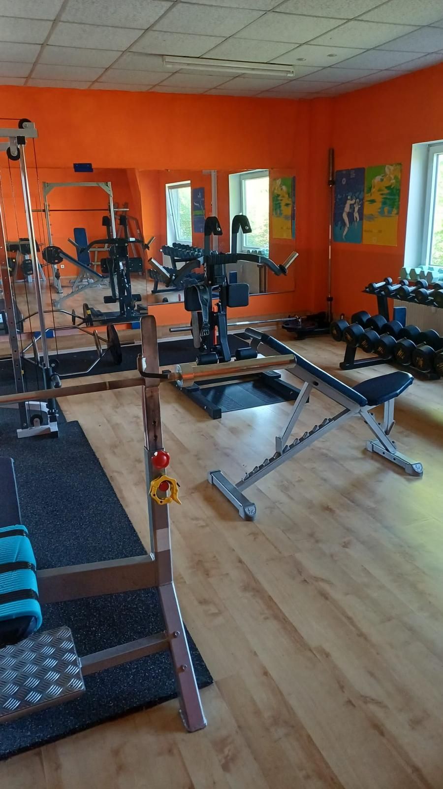 Freihantelbereich mit Trainingsbänken und Spiegeln